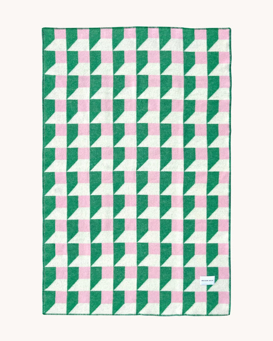 Maison Deux Cubics Wool Blanket in Grass/Pink – main view