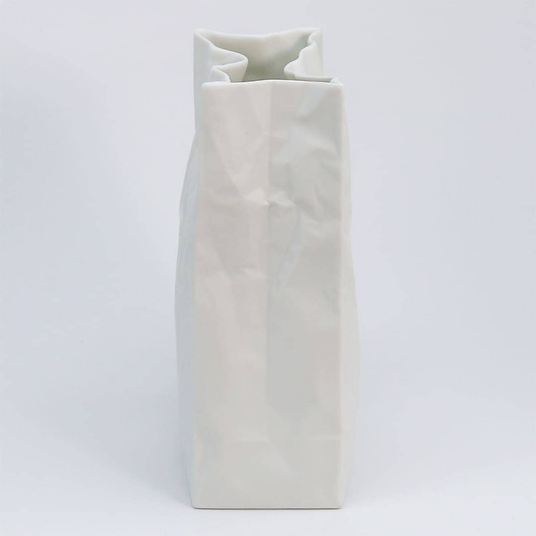 Ceramic Japan Crinkle Paper Bag Vase, White Porcelain – Large, side view