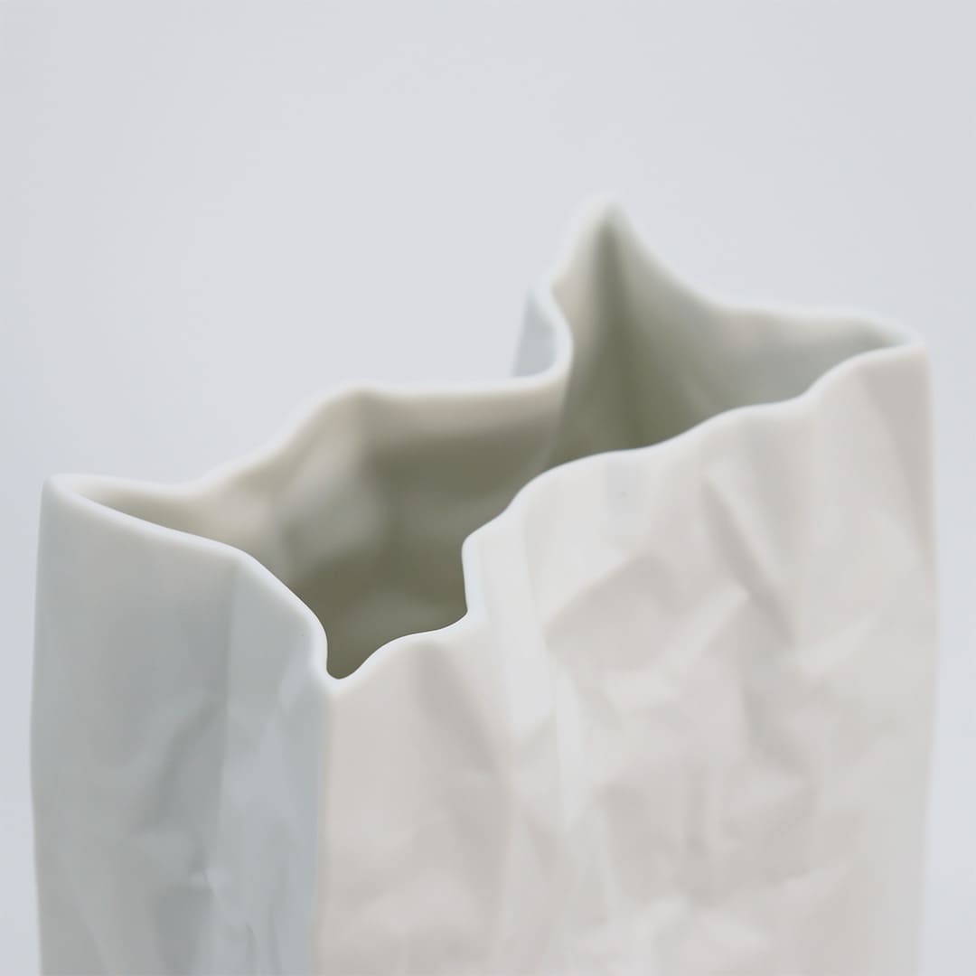 Ceramic Japan Crinkle Paper Bag Vase, White Porcelain – Large, view into the opening