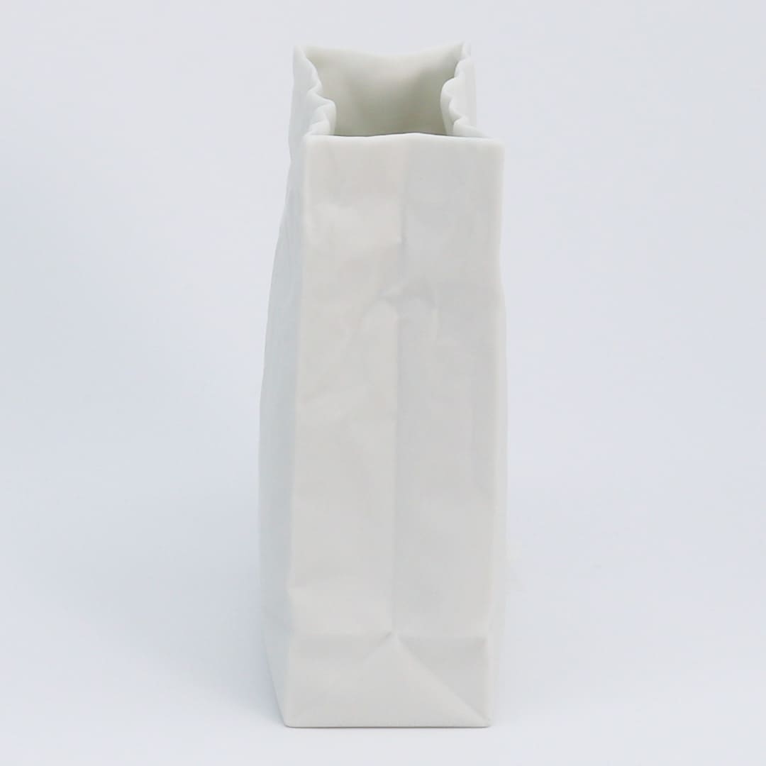 Ceramic Japan Crinkle Paper Bag Vase, White Porcelain – side view of the creases