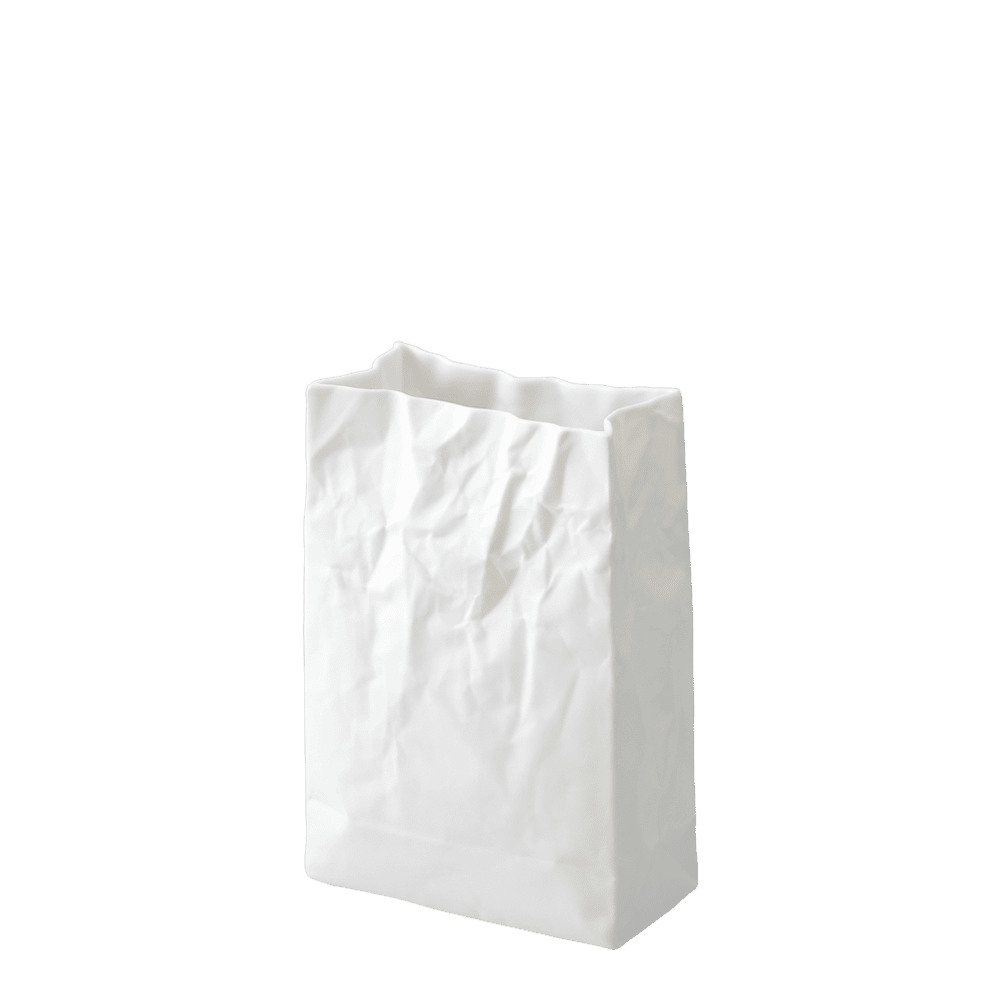 Ceramic Japan Crinkle Paper Bag Vase, White Porcelain – Medium, front view