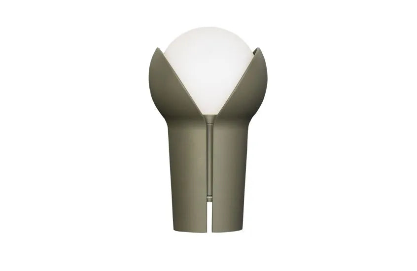 Olive colored Bud rechargeable lamp with micro USB charging, versatile for reading or camping.