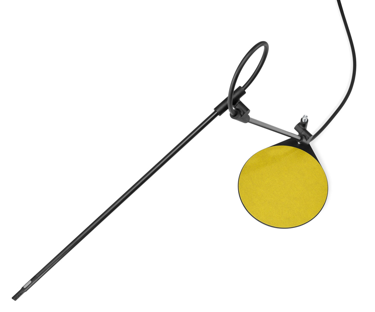 Pablo Designs Superlight table lamp in Black from above, with the mustard felt pad