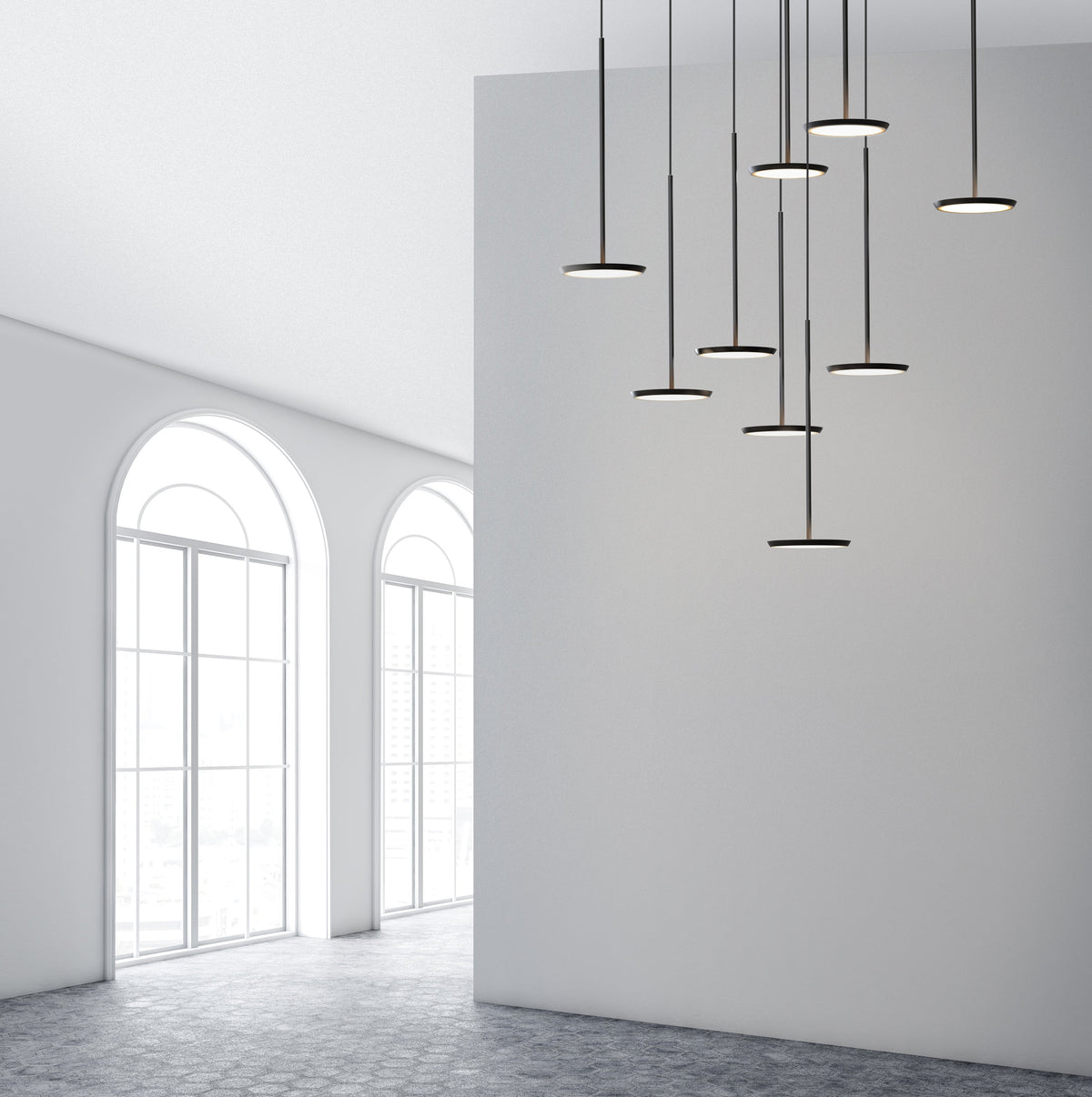 Pablo Designs Sky Solo Chandelier 5 shown in a furnished interior