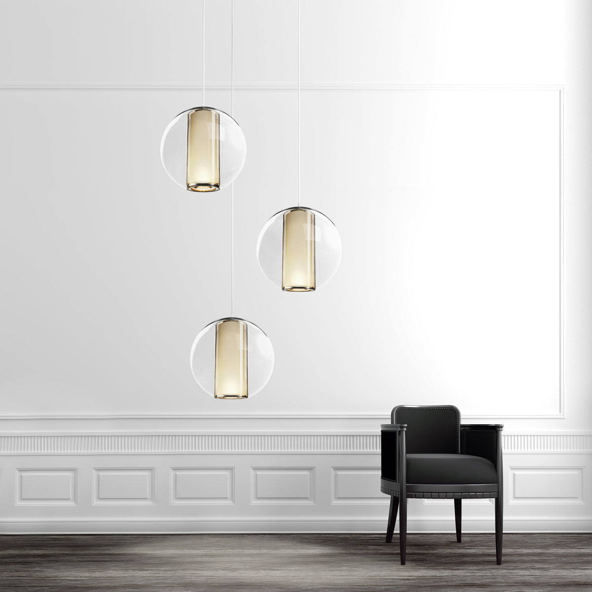 Pablo Designs Bel Occhio 3-Globe Chandelier shown in a furnished interior