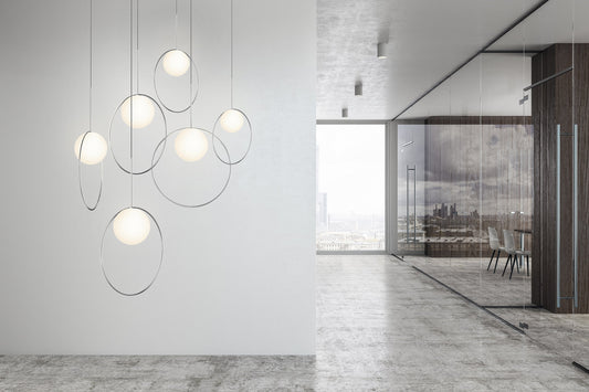 Pablo Designs Bola Halo Multi-Light LED Chandelier shown in a furnished interior