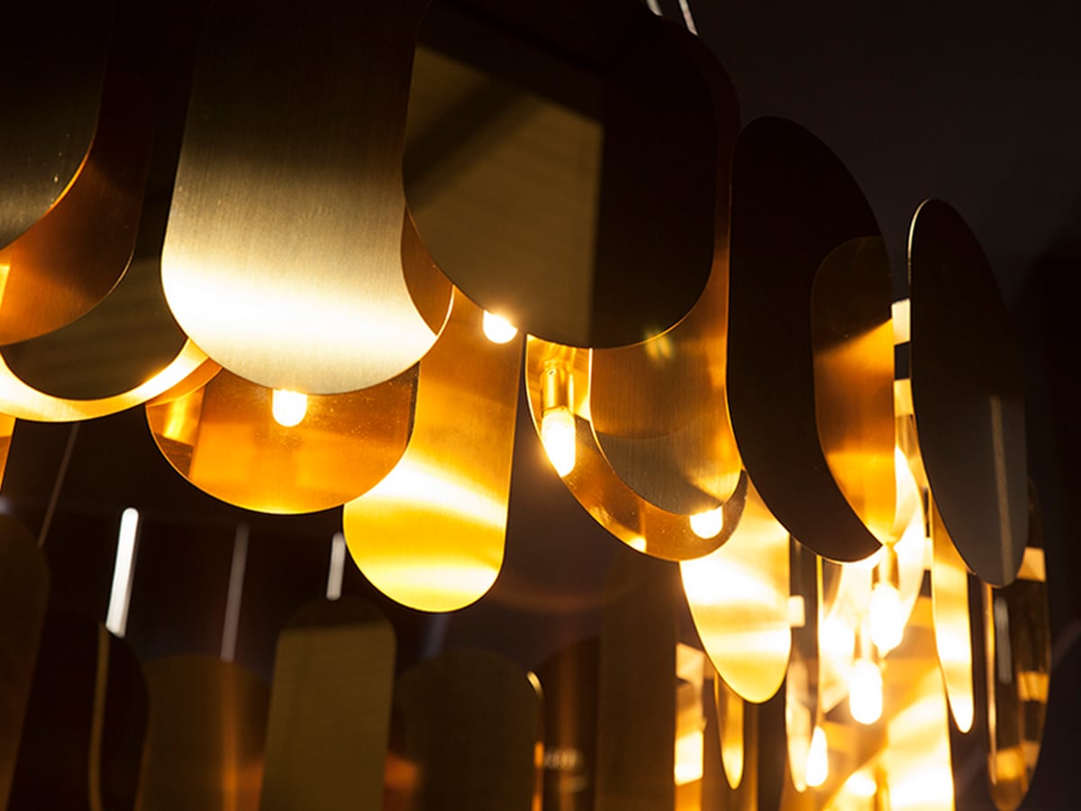 Innermost Panel 75 chandelier by Steve Jones – detail of the brass panels