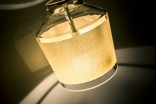 Besa Pica 6 low-voltage pendant lit, Creme Sand glass glowing warm