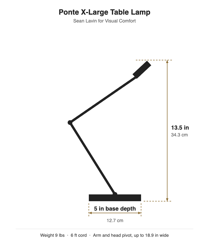 Ponte X-Large table lamp dimensions: 18.9 inches wide, 13.5 inches high
