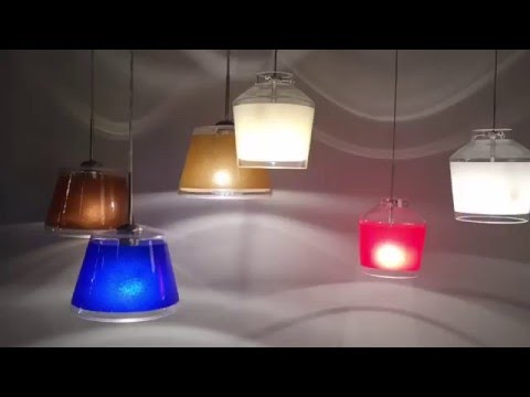 Besa Pica 6 pendant video featuring Blue, Gold, Red, White, and Creme Sand glass shades