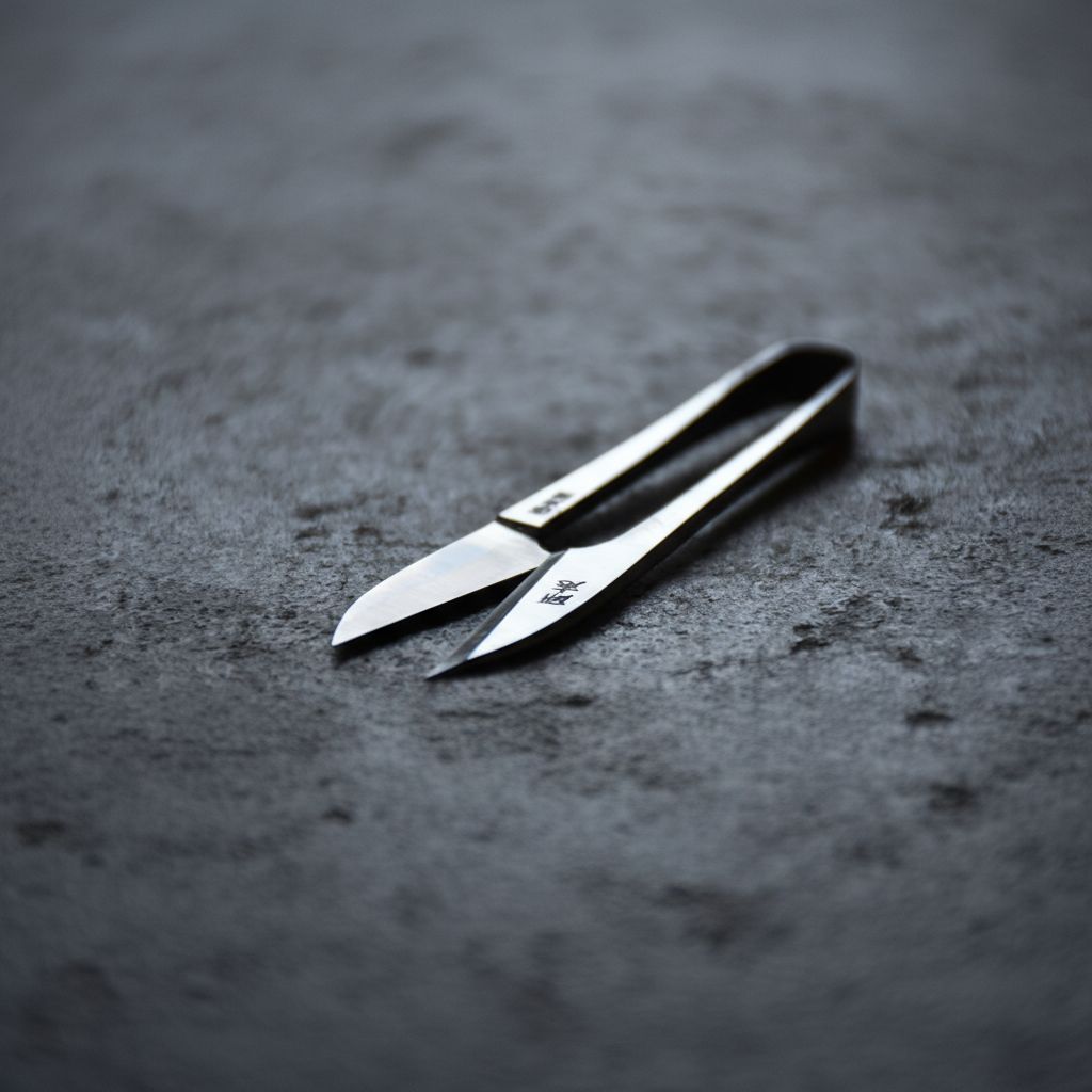 Terazaki Hamono Tsume Hand-Forged Nigiri Scissors – resting open on dark stone