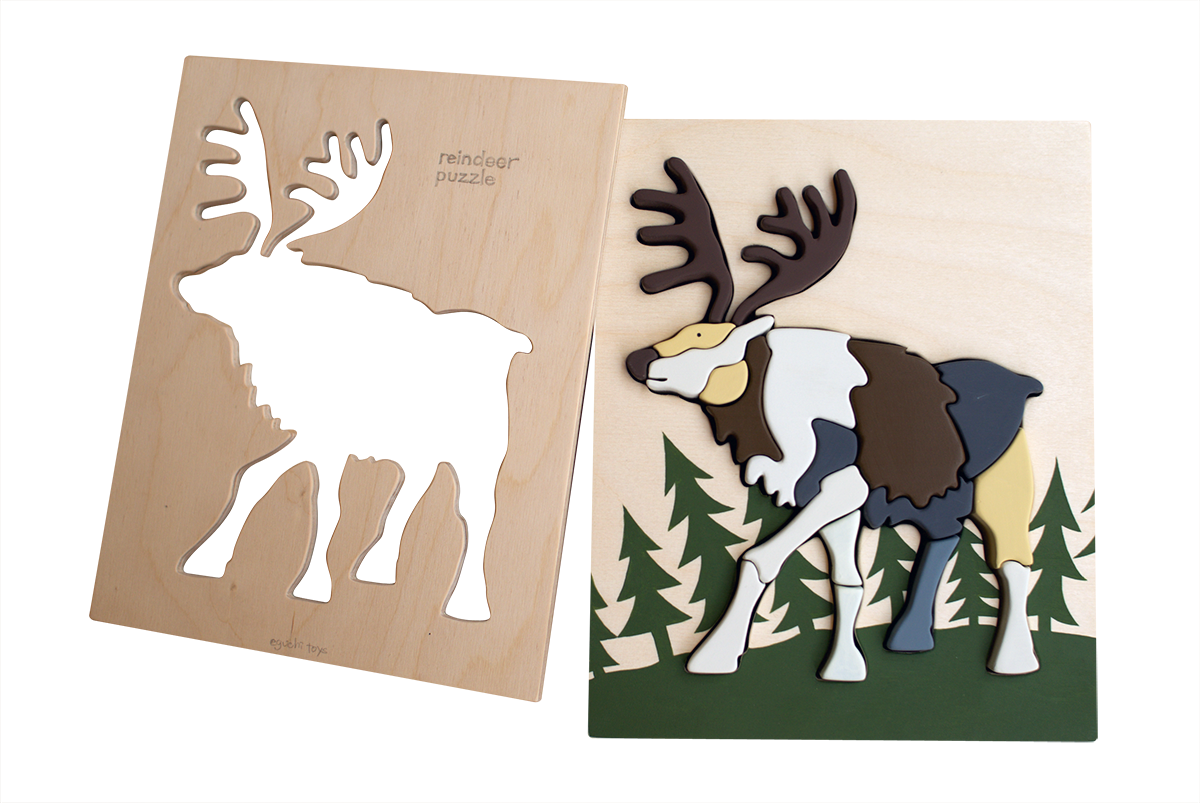 Eguchi Toys Reindeer Puzzle – frame and finished puzzle side by side