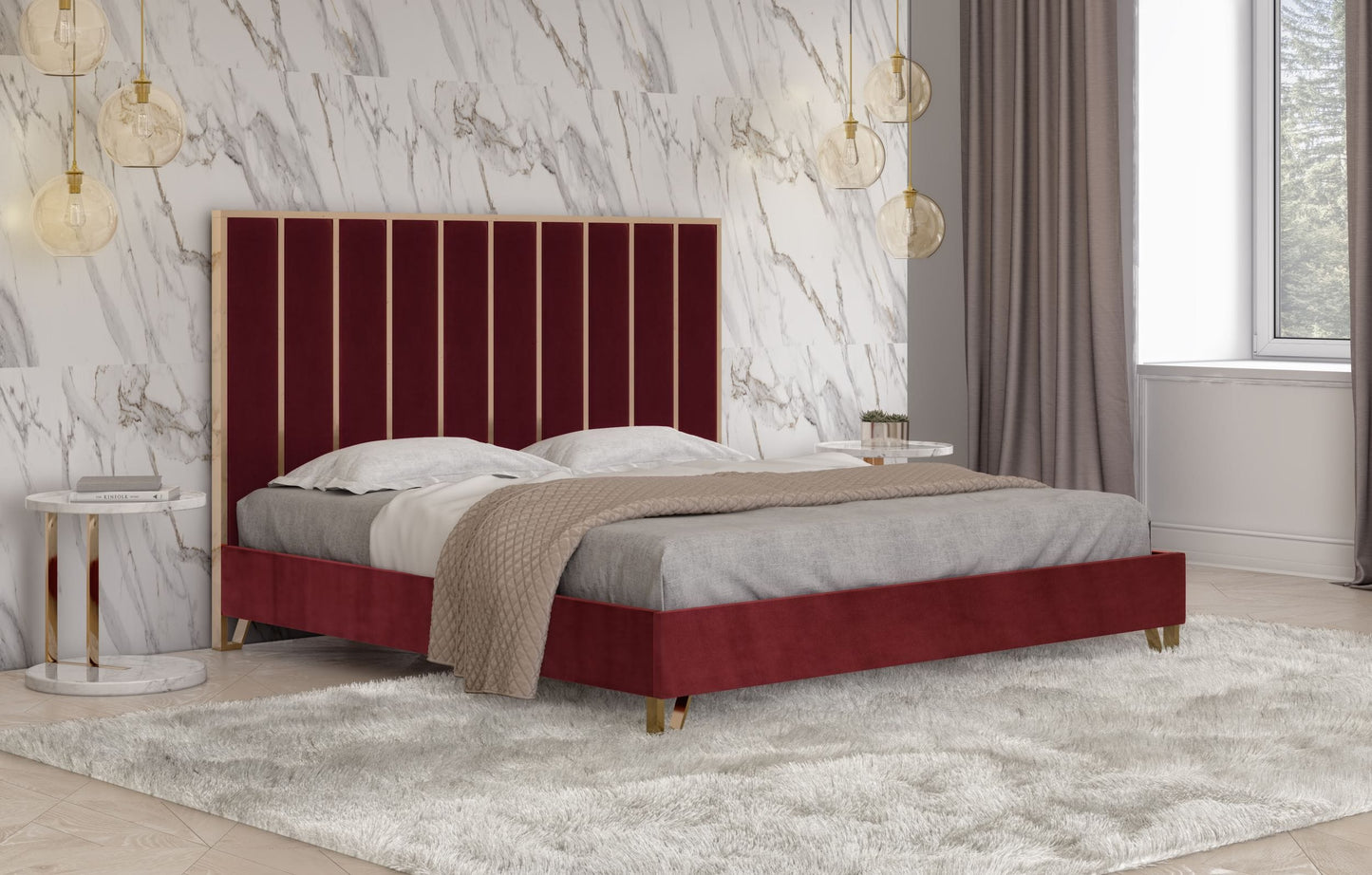 Divani Casa Reyes Modern Red Velvet and Gold Bed