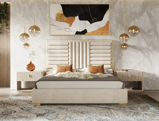 Nova Domus Daystar and Roma Modern Beige Velvet and Travertine and Gold Bedroom Set