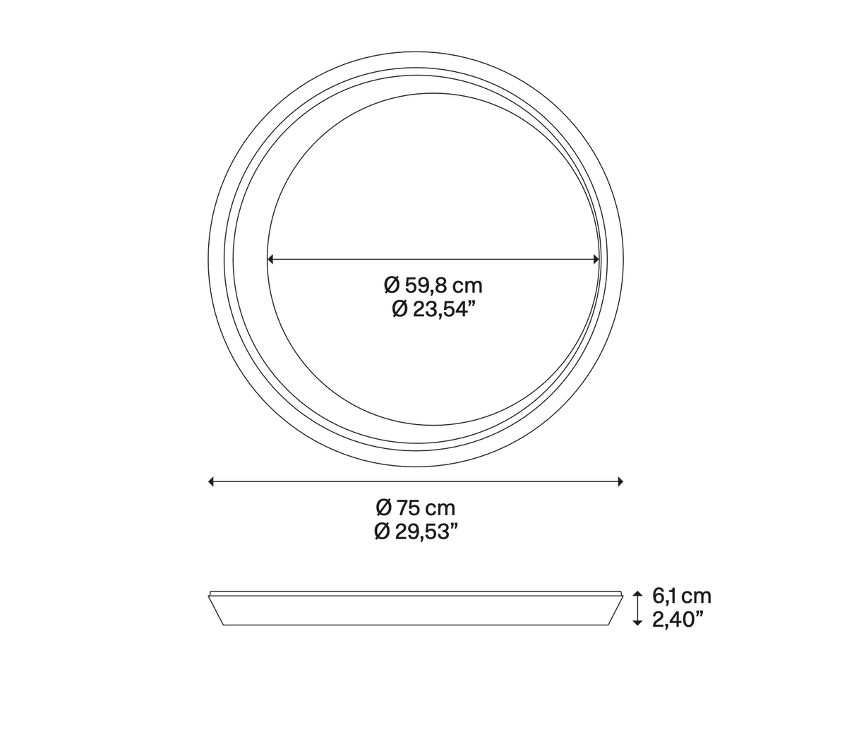 Architectural line drawing of the Large Lodes Tidal integrated LED ceiling light with size specifications