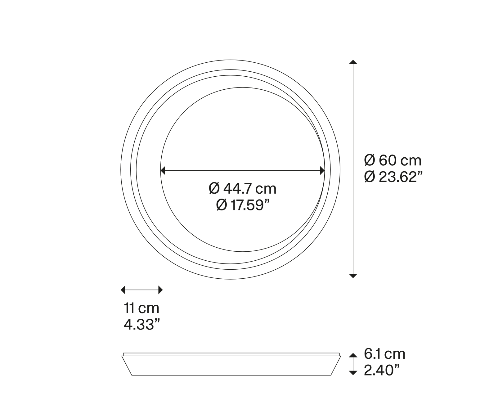 Lodes Tidal LED ceiling light Medium dimension drawing illustrating the sculptural ring design and mounting details
