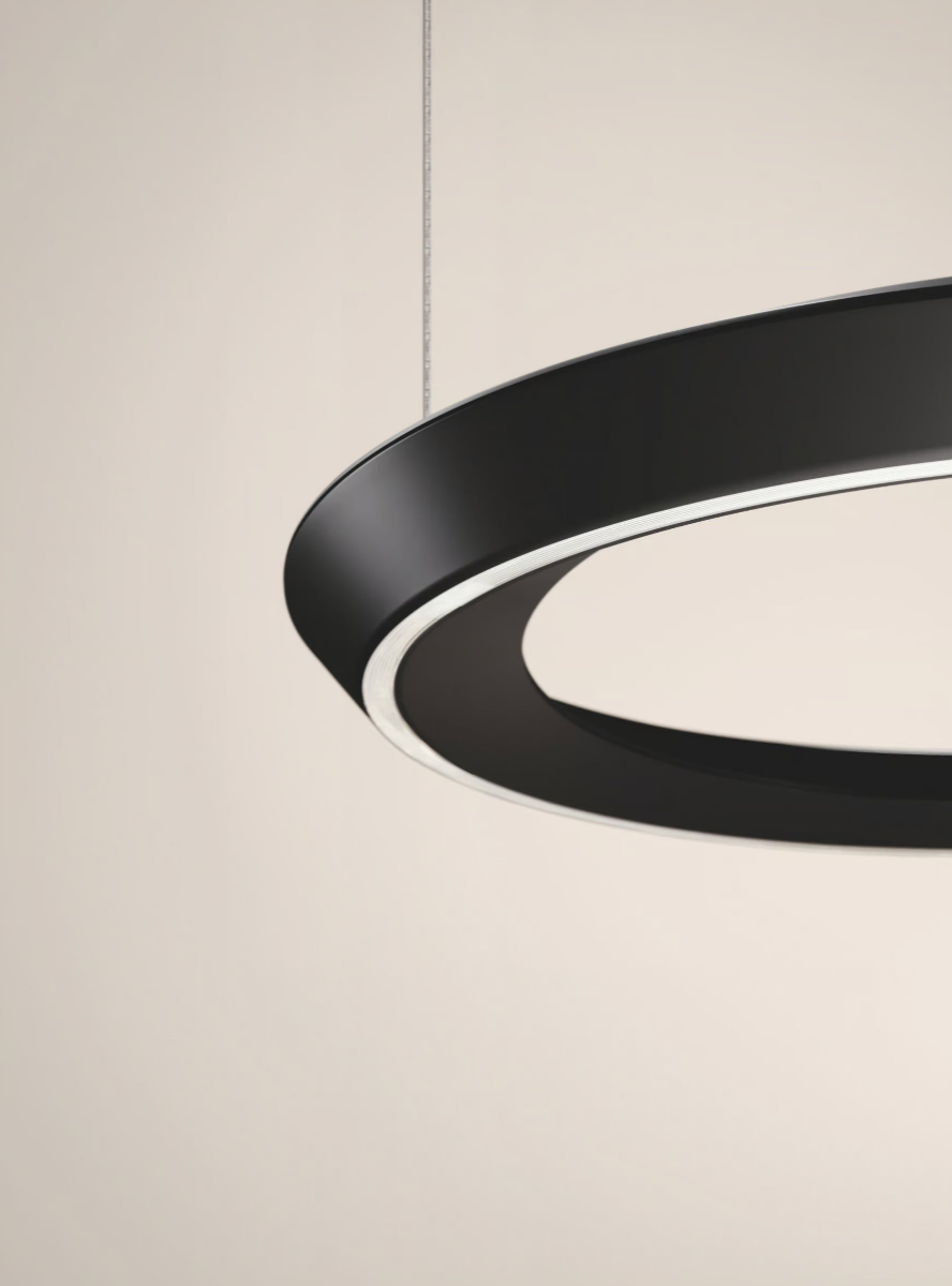 Modern Matte Black Lodes Tidal chandelier providing ambient up and down LED illumination