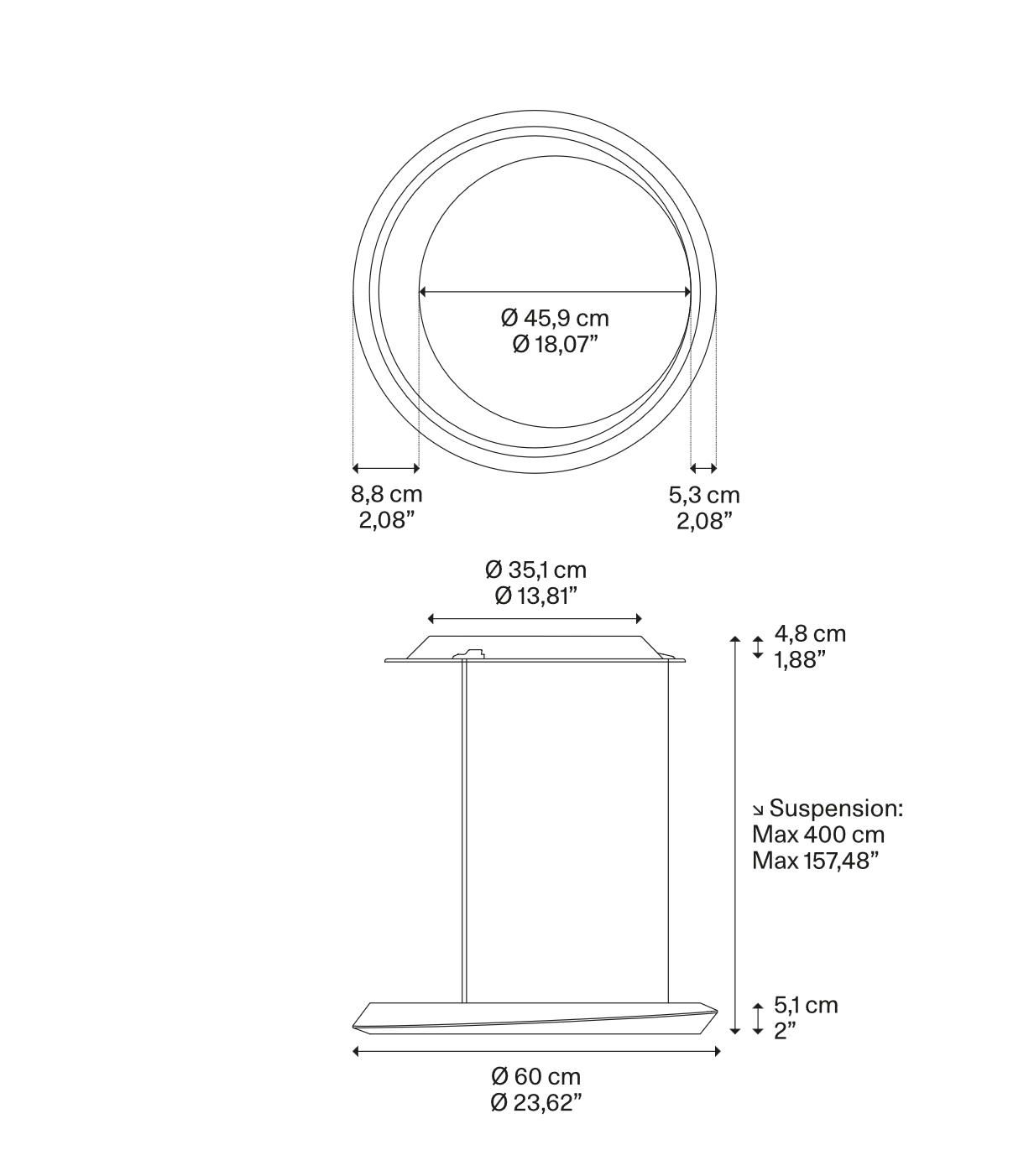Technical line drawing of the Lodes Tidal LED Chandelier with canopy, cable lengths and fixture dimensions