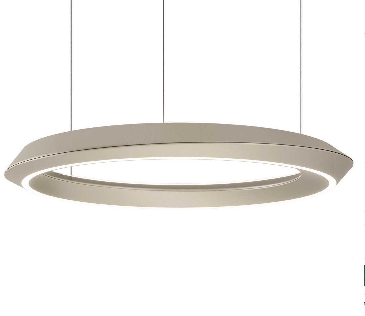 Matte Champagne Lodes Tidal LED chandelier suspended above a contemporary dining table