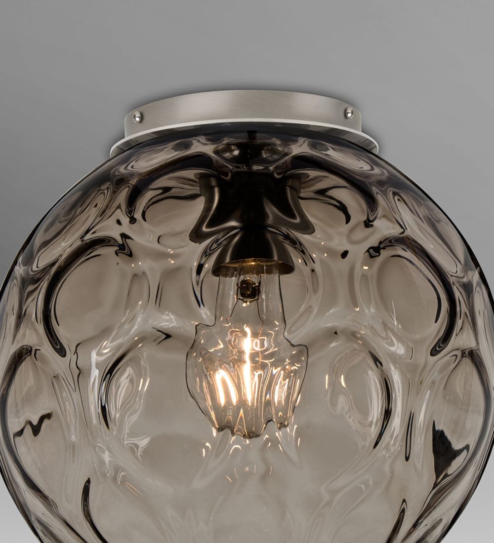 Besa Bombay semi-flush ceiling light, Smoke optic glass globe, satin nickel canopy – close studio view (Besa photographs Satin Nickel; Black uses the same glass)
