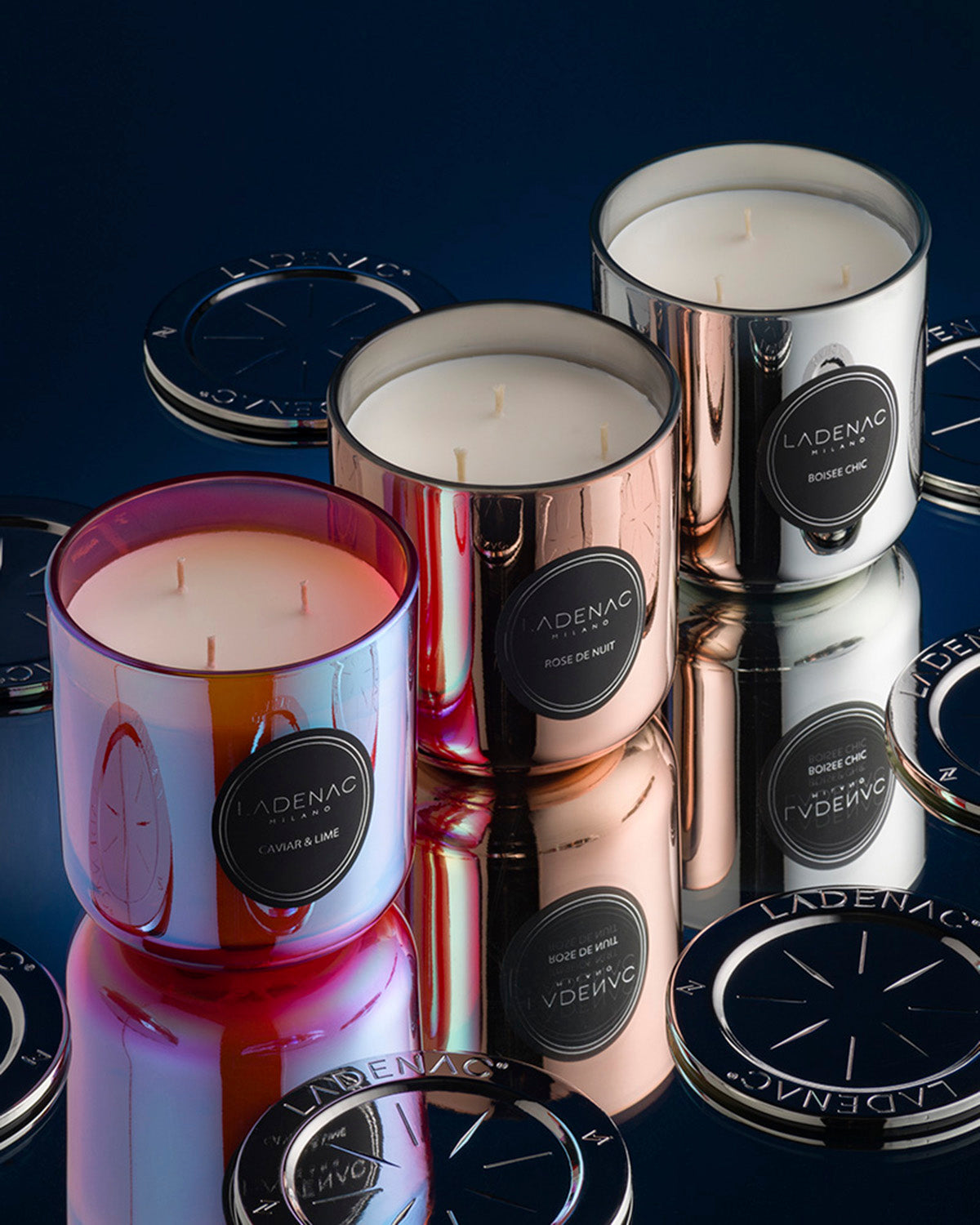 Urban Senses 500 g scented candle by Ladenac Milano, Caviar Lime iridescent candle styled at night