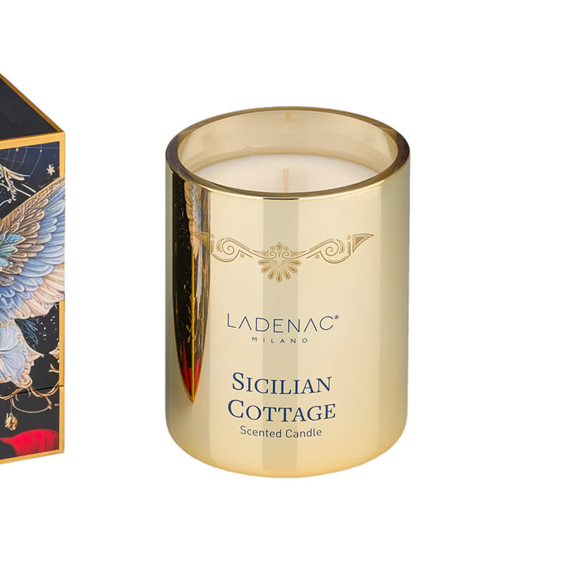 Sicilian Cottage 330 g scented candle by Ladenac Milano, gold candle jar, front view