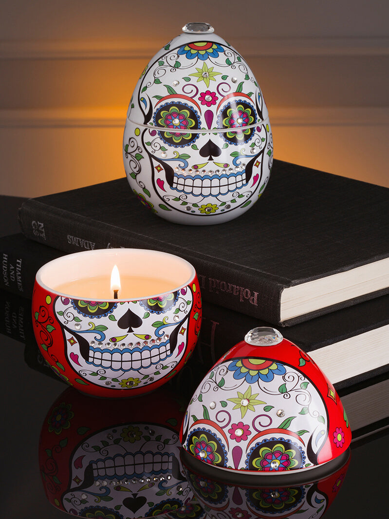 Ladenac Milano Skull ceramic candle 220 g, Red and white skulls styled together