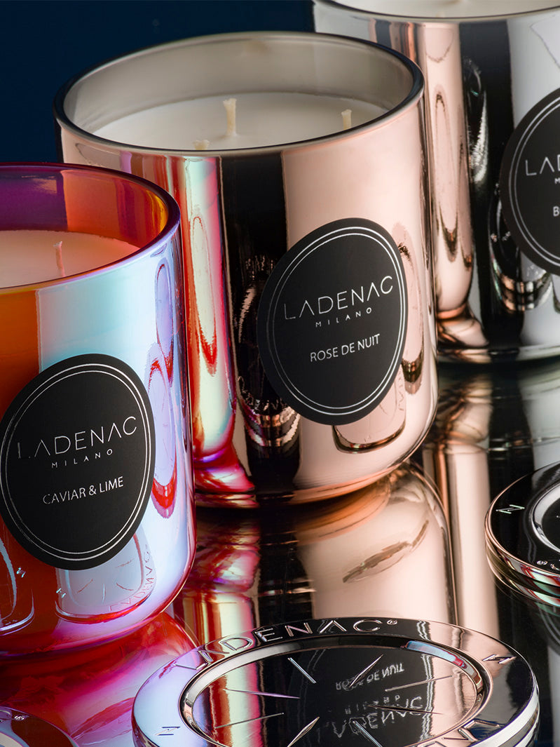 Urban Senses 500 g scented candle by Ladenac Milano, gold pink candle styled with reflections