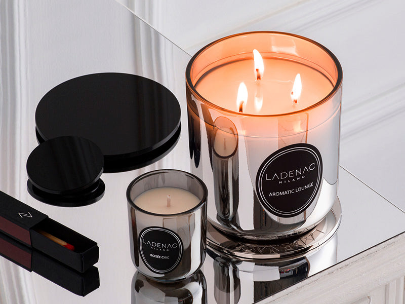 Urban Senses 500 g scented candle by Ladenac Milano, lit candle with its Bakelite lid and scented matches