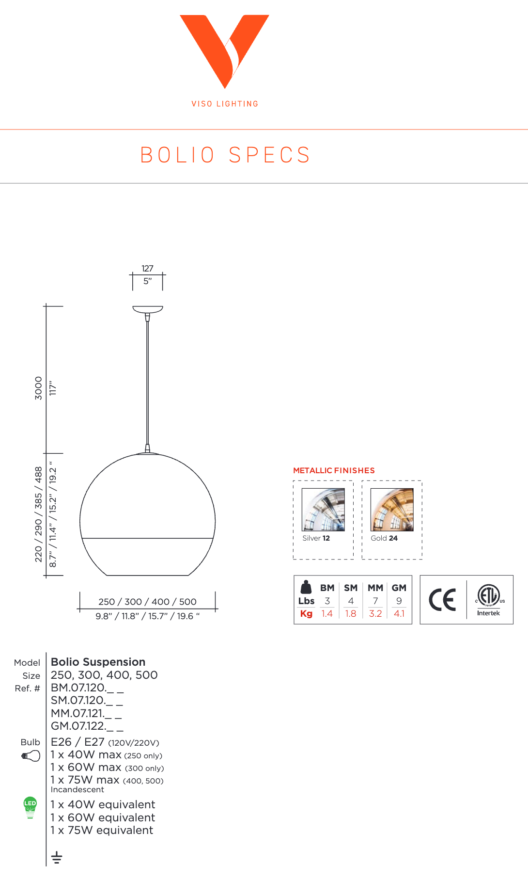 Bolio dimension drawing by Viso: four diameters from 9.8 to 19.6 inches, 117 inch overall drop