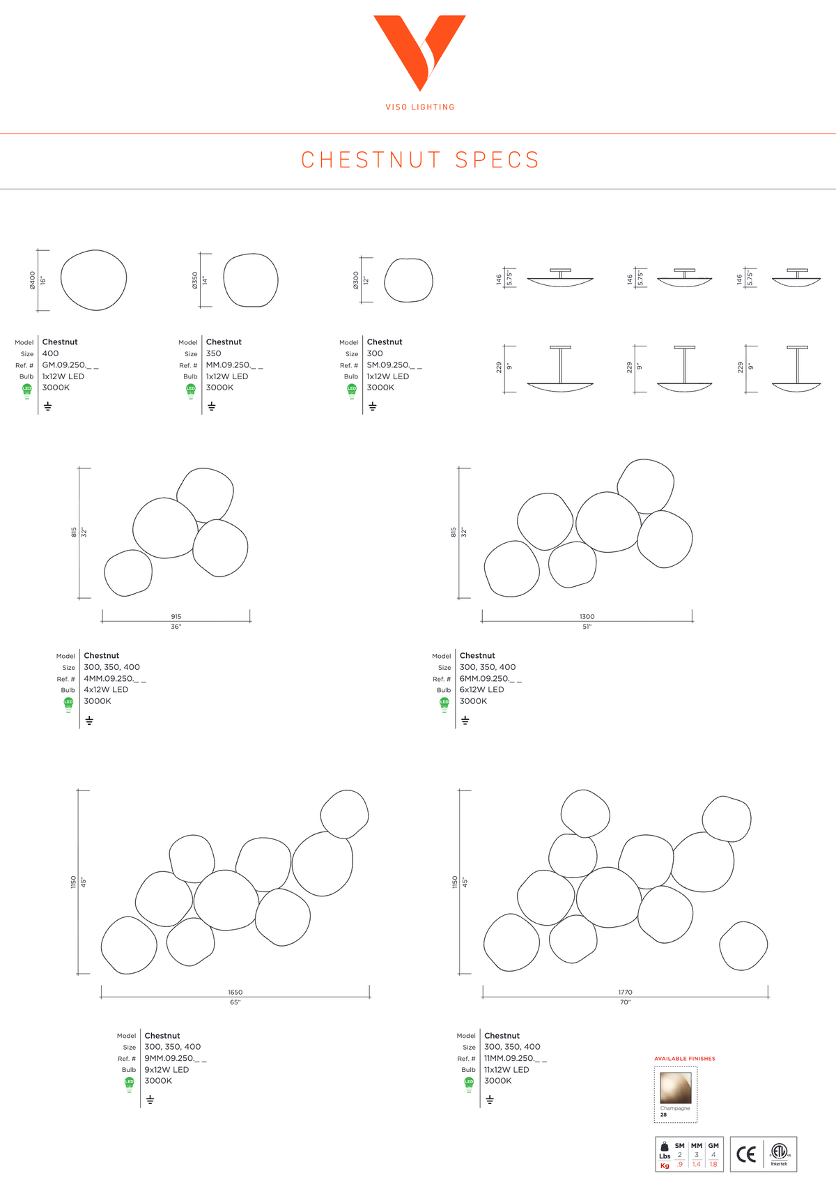 Chestnut Cluster dimension drawing by Viso: 4, 6, 9 and 11 plate clusters