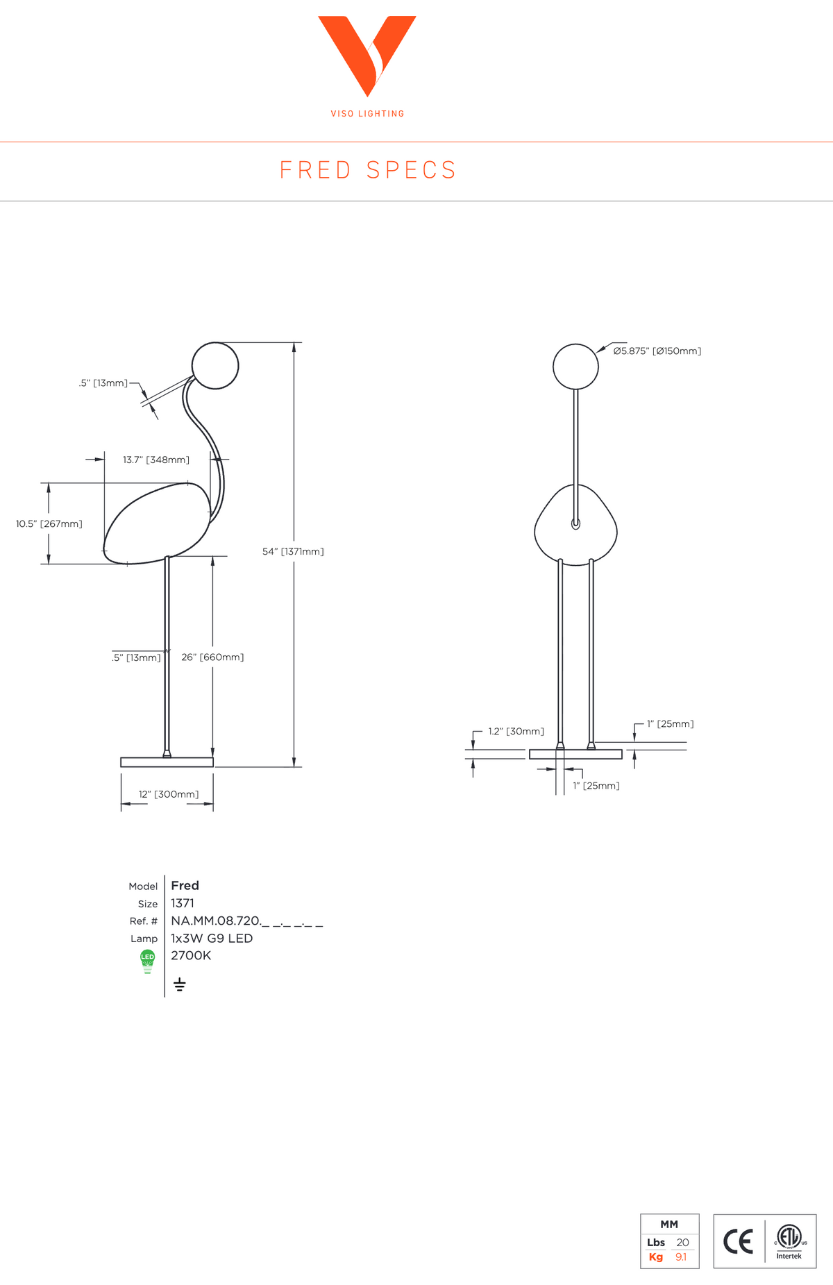Fred dimension drawing by Viso: 54 inch floor lamp