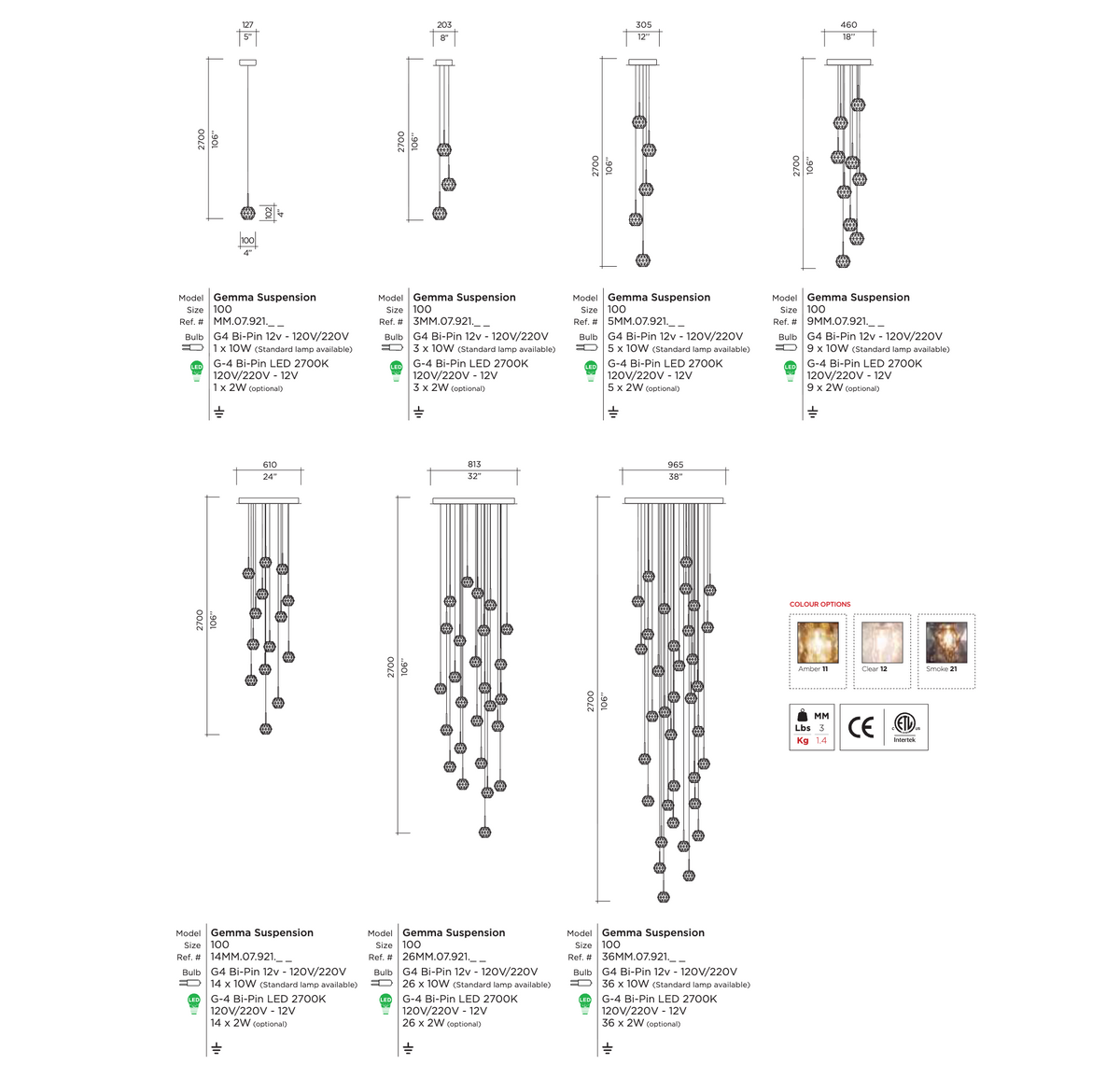 Gemma pendant dimension drawing by Viso: 1 to 36 light clusters, canopy widths 5 to 38 inches, 106 inch overall height