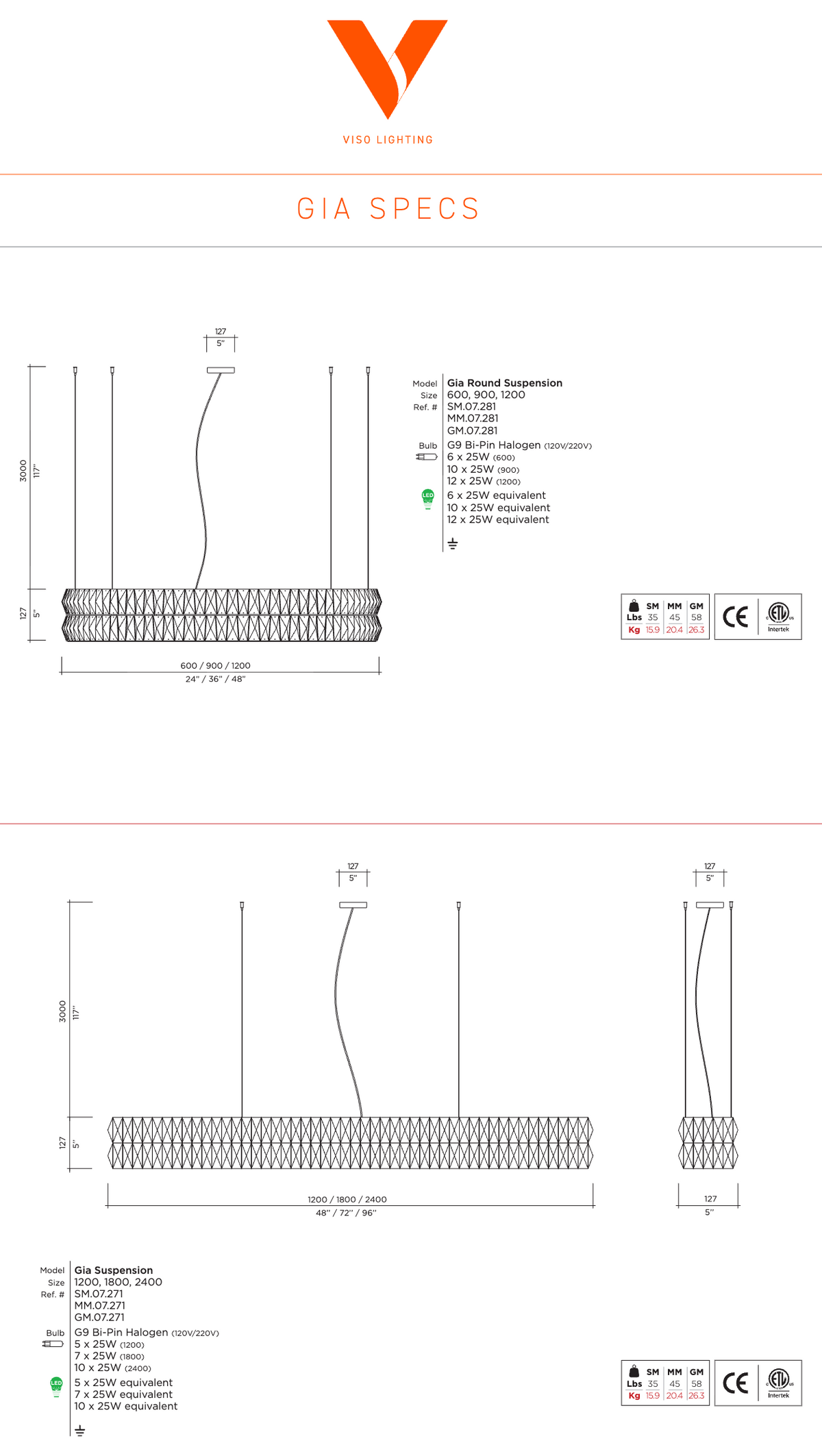 Gia Linear dimension drawing by Viso: 48, 72 and 96 inch linear suspensions, 117 inch overall drop