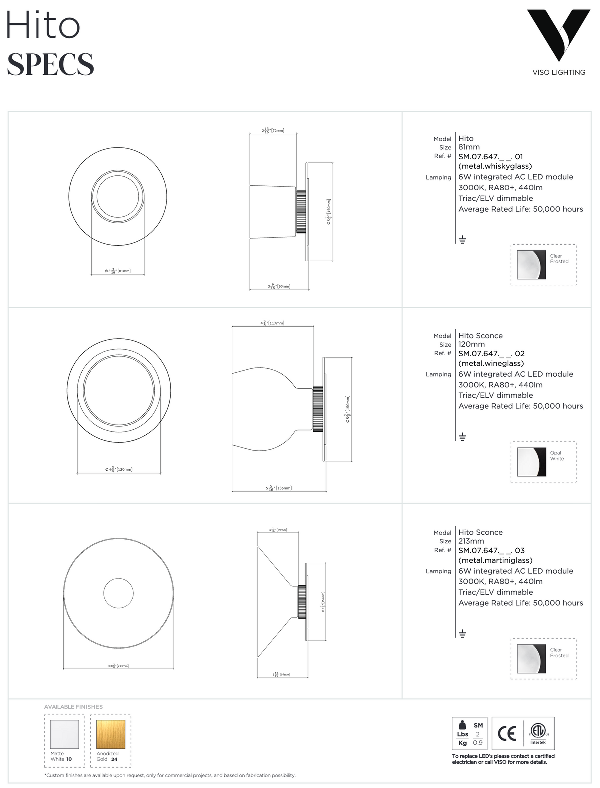 Hito dimension drawing by Viso: three glass-inspired sizes: 3.1, 4.7 and 8.3 inches