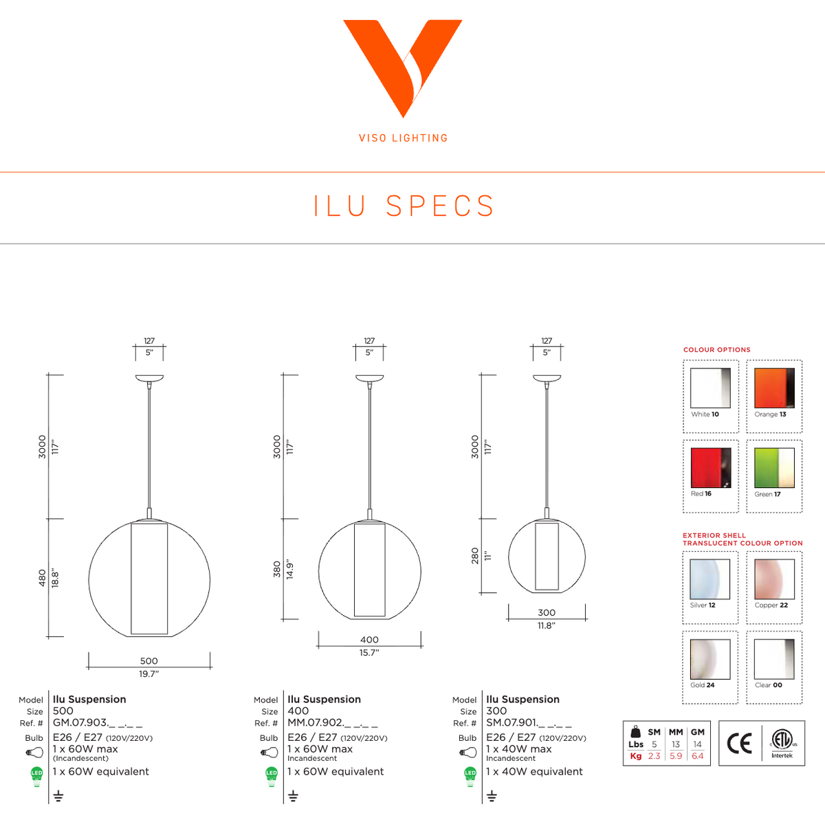 Ilu dimension drawing by Viso: 11.8, 15.7 and 19.7 inch pendants, 117 inch overall drop