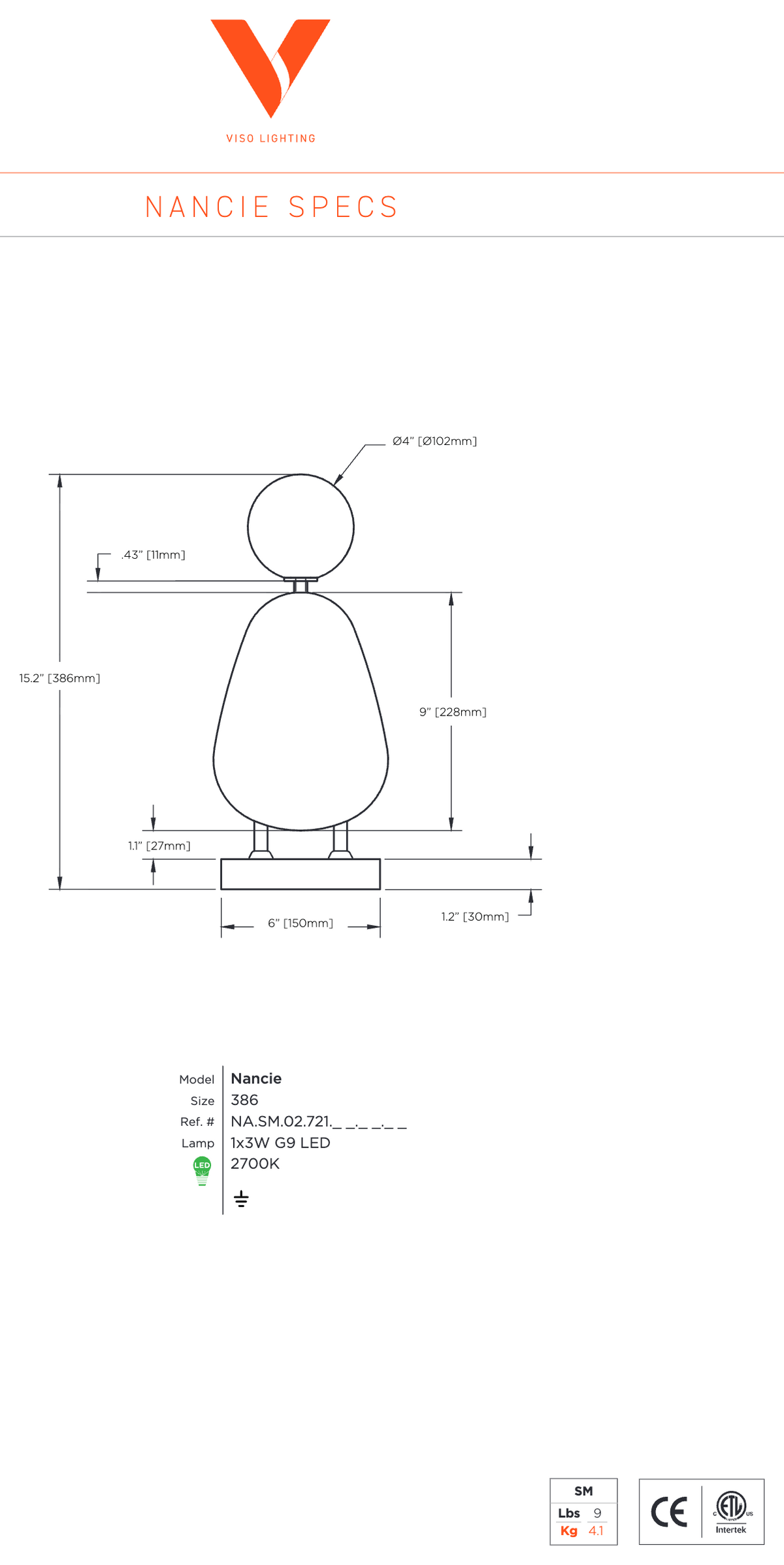 Nancie dimension drawing by Viso: 15.2 inch table lamp with 6 inch base