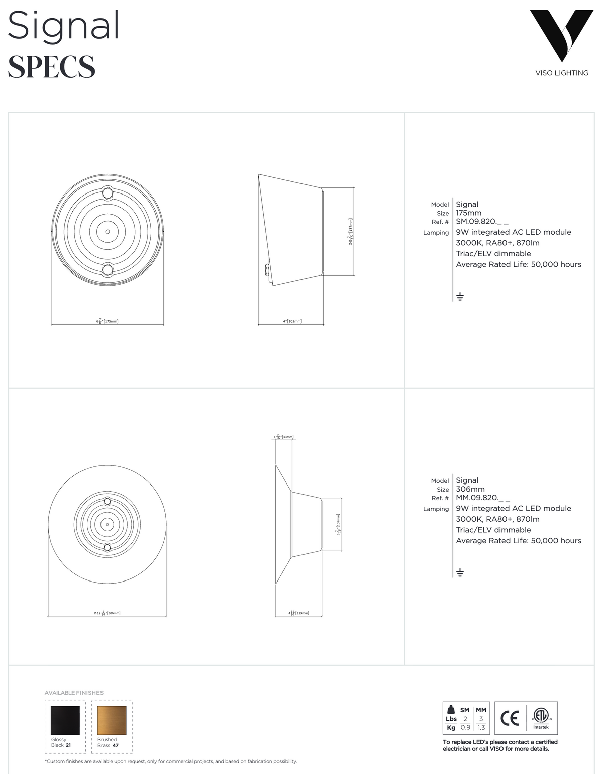 Signal dimension drawing by Viso: 6.8 and 12.1 inch Fresnel-lens wall and ceiling lights