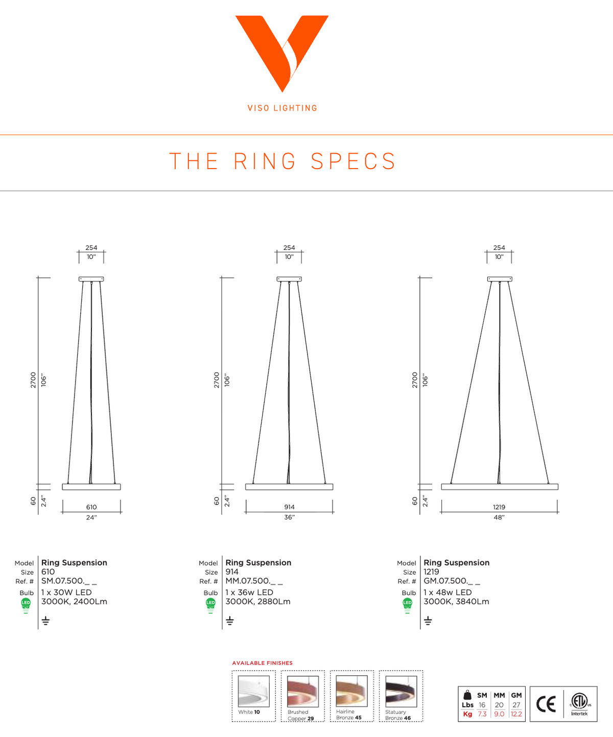 The Ring dimension drawing by Viso: 24, 36 and 48 inch diameters, 106 inch overall drop