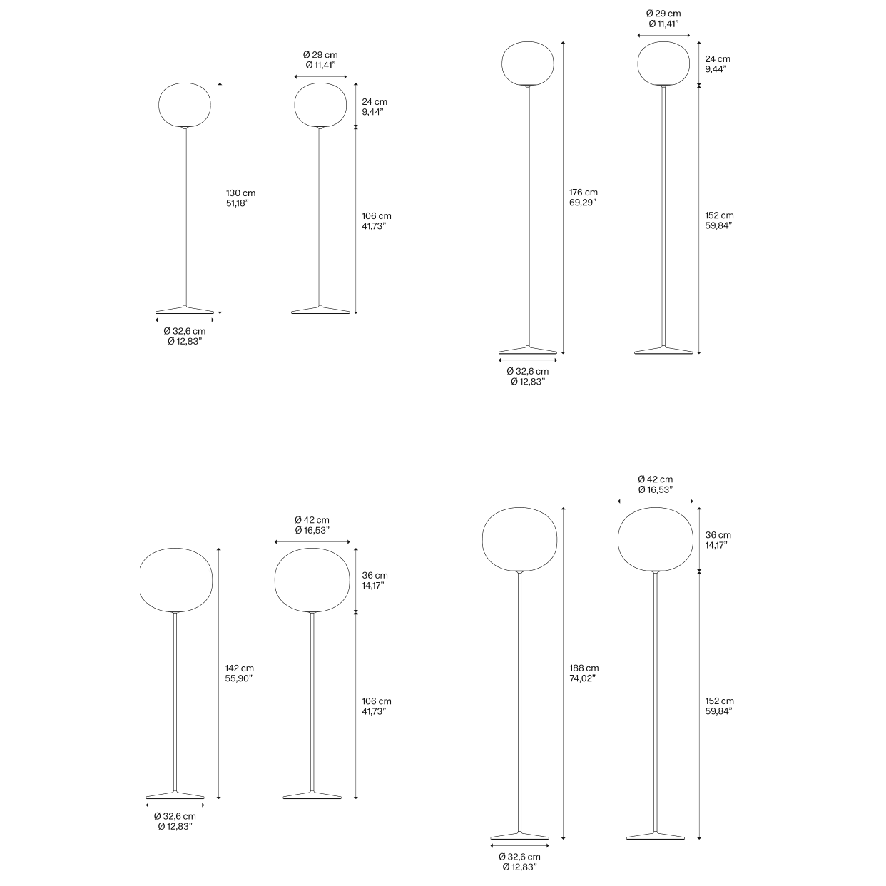 Line drawing of the Lodes Volum Floor Lamp showing dimensions and design details