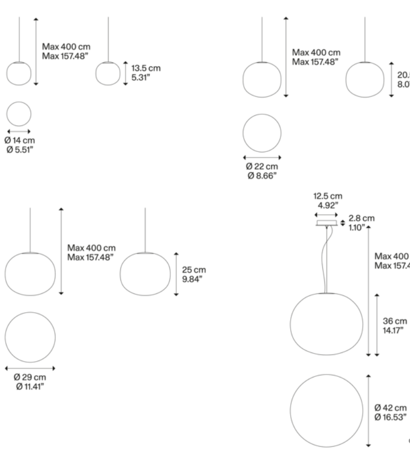 Lodes Volum Cluster pendant light line drawing showing blown glass globe dimensions