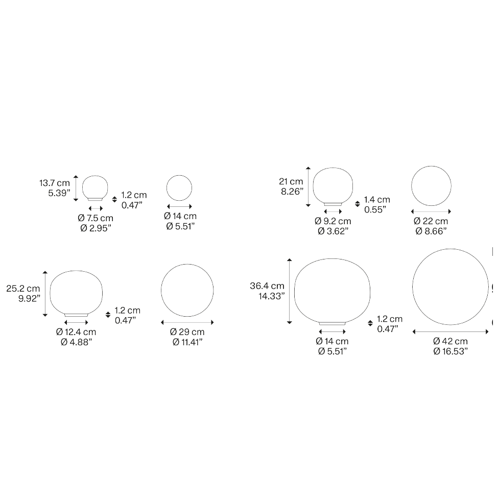 Technical line drawing of the Lodes Volum modern glass table lamp with size measurements and silhouette