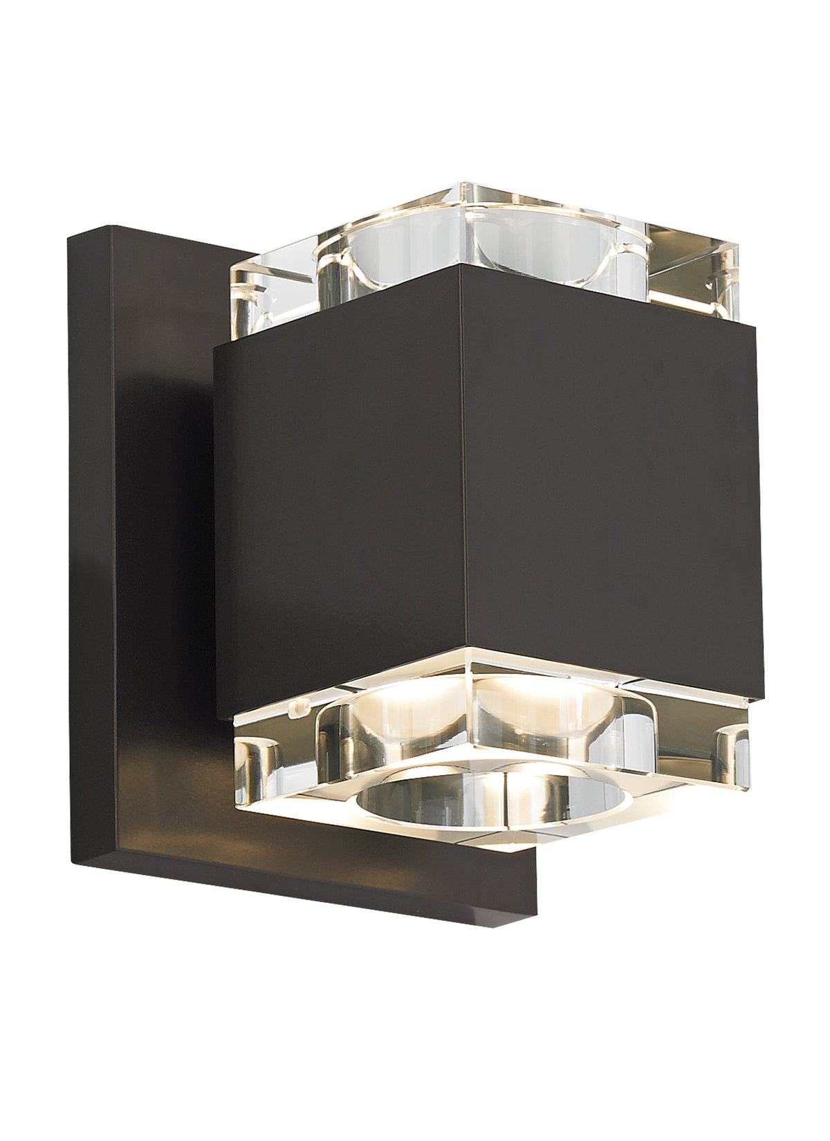 Visual Comfort Voto Wall Square LED sconce in Antique Bronze with a clear crystal lens glowing top and bottom