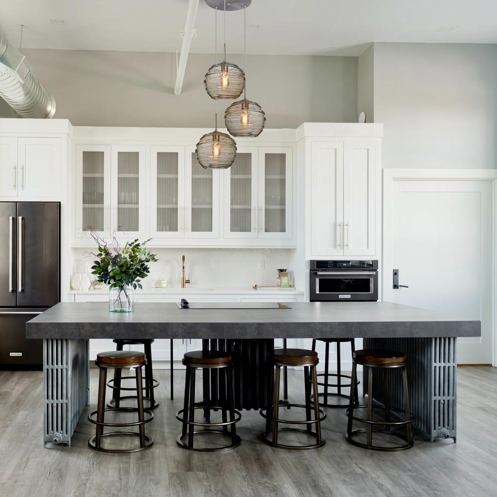 Besa Wave 10 detail: wave 10 pendants over a kitchen island
