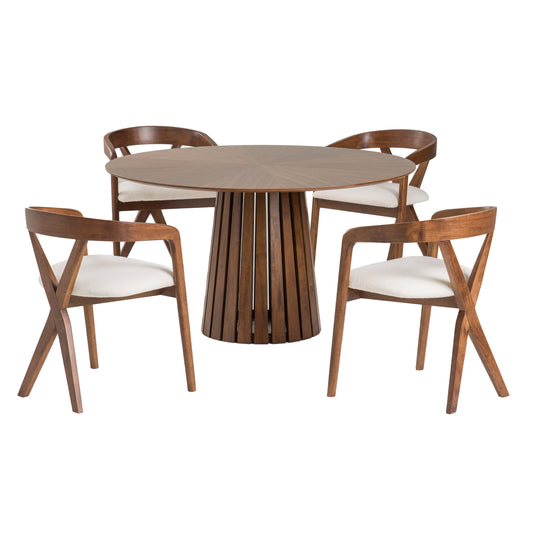 Modrest Weiss Mid-Century Modern Walnut Round Dining Table and 6 Chair Set