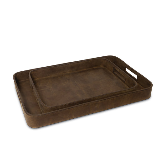 Regina Andrew Derby Rectangle Leather Tray Set in Brown