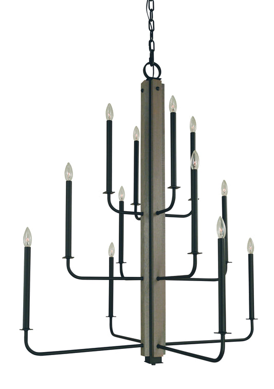 Framburg 12-Light Matte Black Grey Oak Accents Loft Foyer Chandelier 5412-MBLACK