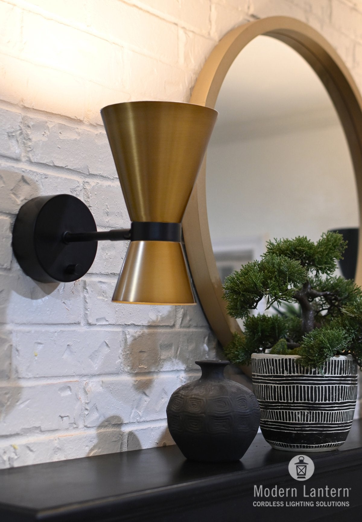2 Modern Lantern Cordless Lamp Emerson Wall Sconce Black Antique Brass Metal Shade