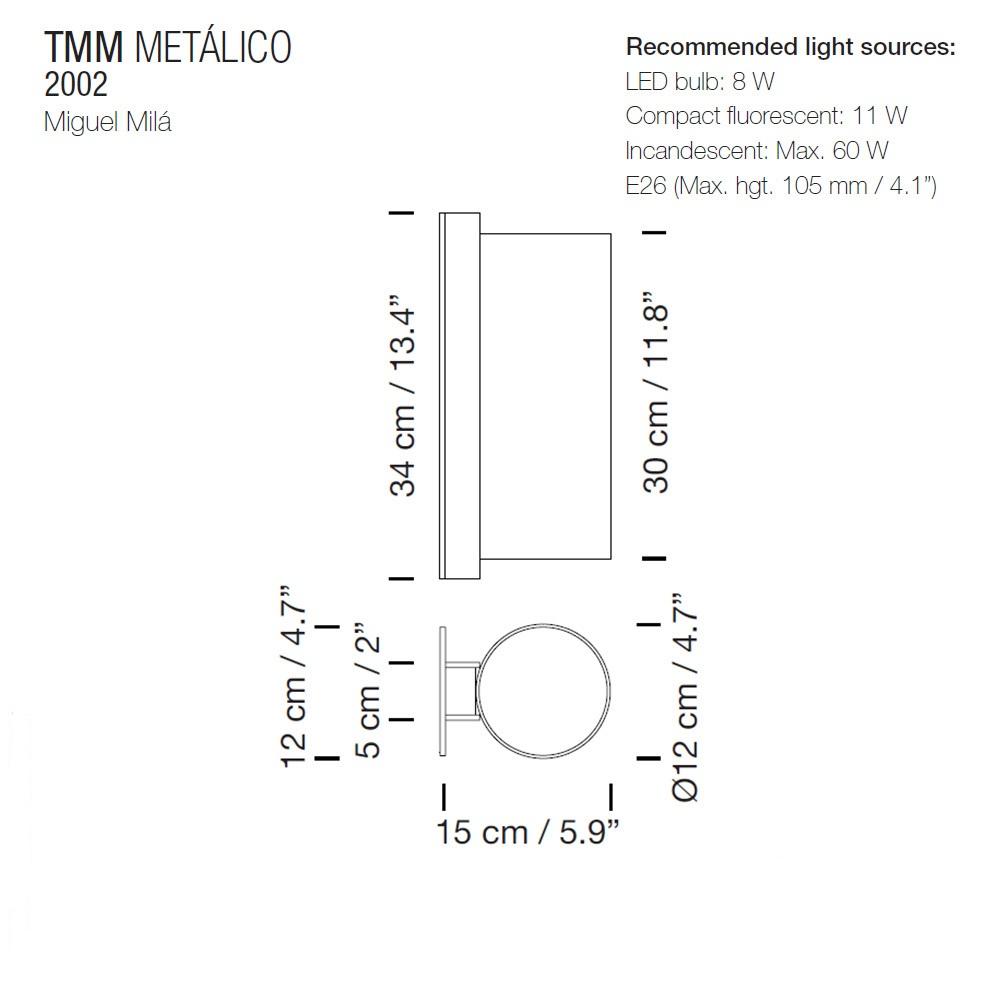Technical line drawing of Miguel Milá TMM Metálico modern wall sconce for architectural interiors
