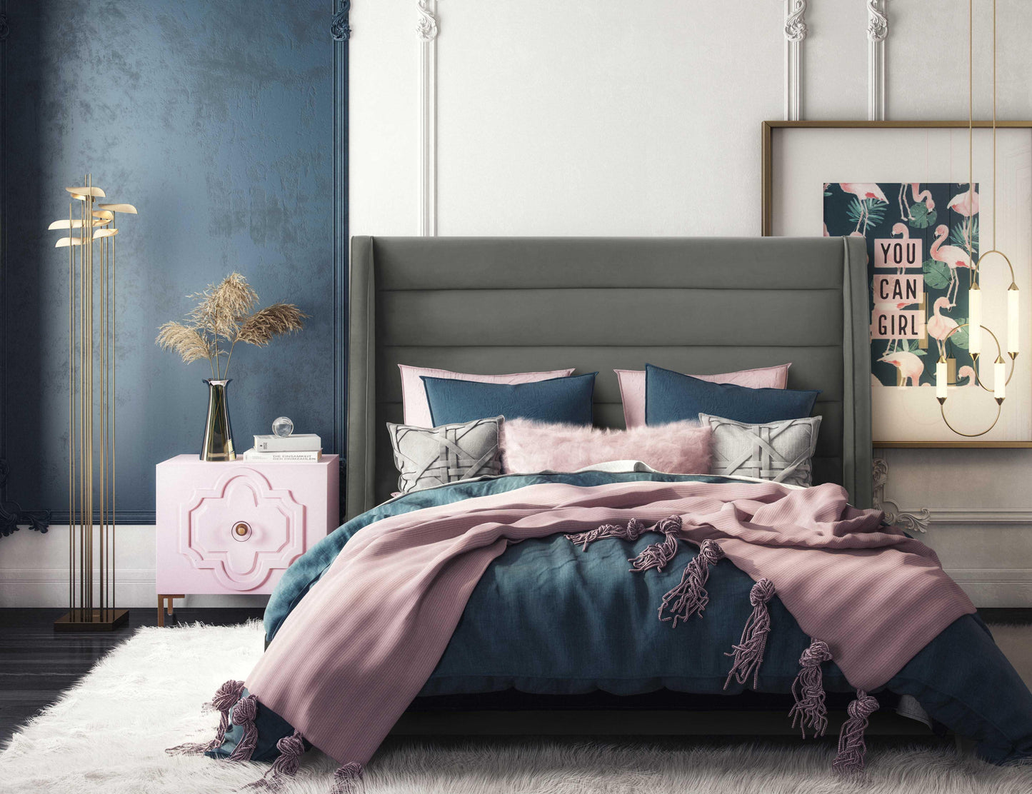 Koah Grey Velvet Bed Queen by TOV